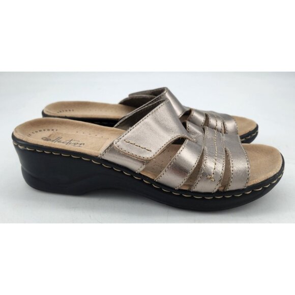 Clarks Women's 8M Lexi Sabrina Sandals Pewter Metallic Leather Slip On Wedge - Picture 4 of 10